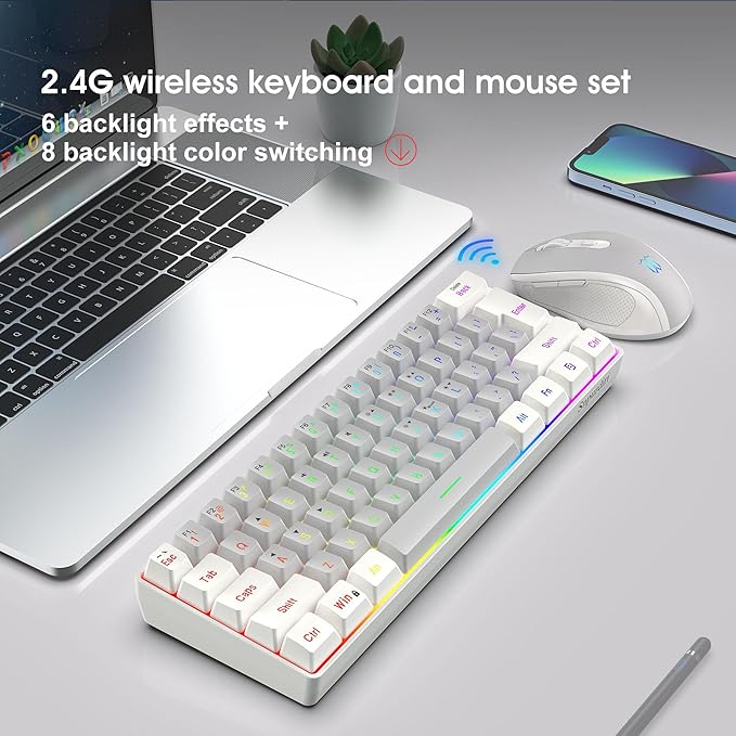 Snpurdiri 2.4G Wireless Gaming Keyboard and Mouse Combo Include Mini 60% Mechanical Feel RGB Backlit Keyboard Ergonomic Vertical Feel Small Wireless Mouse(White and Grey)