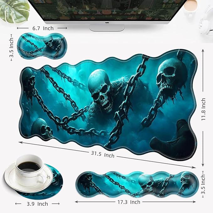 Desk Mat Mouse Pad with Wrist Rest 4-in-1 Large Mouse Pads for Desk Ergonomic Mouse Pad and Keyboard Wrist Rest Gaming Keyboard Mat for OfficeCool Skulls