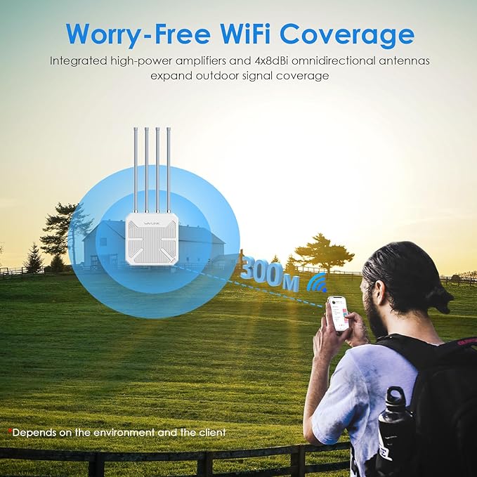 WAVLINK AX3000 Outdoor WiFi 6 Extender Long Range Outdoor Wireless Access Point Active PoE 4x8dBi AntennasWork with Starlink/Cameras/RouterIP67Up to 256 Devices for FarmYardRV