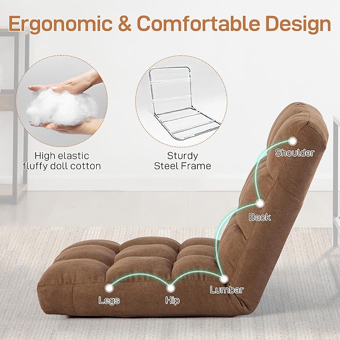 Floor Chair with Back Support Folding Chair with 6 Adjustable Position Padded Sleeper Bed Floor Gaming Chair Meditation Chair Gaming Floor Chairs for Adults (Country Rustic Tan)