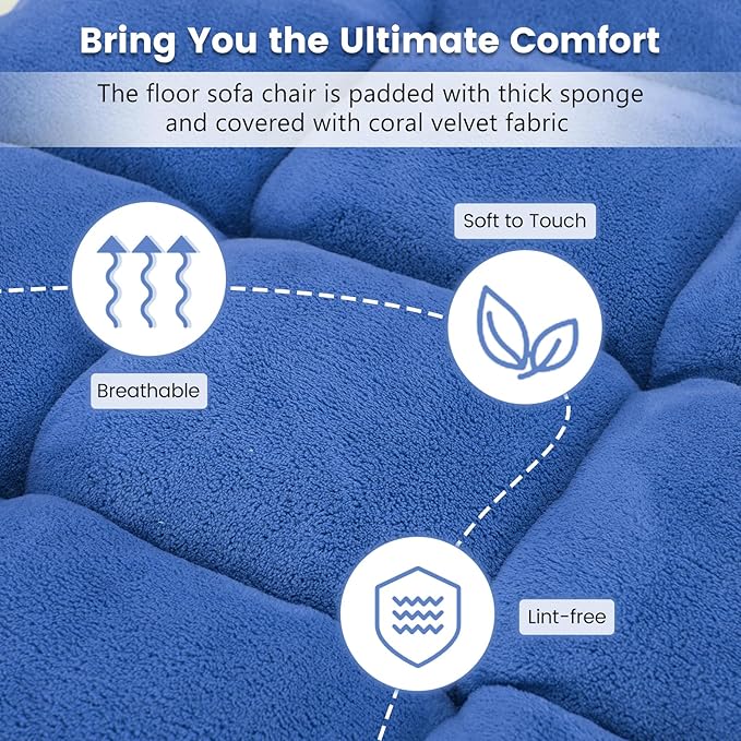 MAT EXPERT Floor Chair with Back Support Floor Gaming Chair w/ 14 Adjustable Position Soft Coral Fleece&ampAlloy Steel Frame Foldable Padded Lazy Couch Recliner for Meditating (Blue Large)