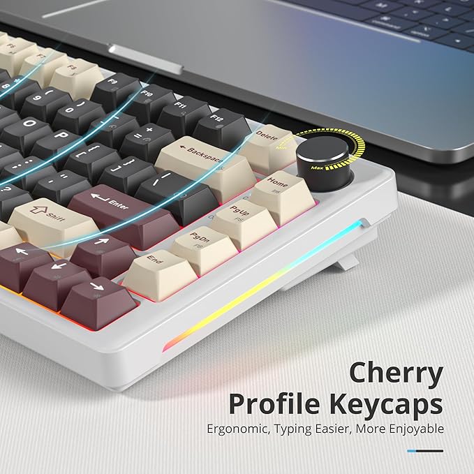 75% Mechanical Keyboard Gasket with Knob Custom Wired Creamy Gaming Keyboard TKL 75 Percent Hot Swappable RGB Backlit Pre-lubed Switch for Win/MAC（Roma/White Switch）