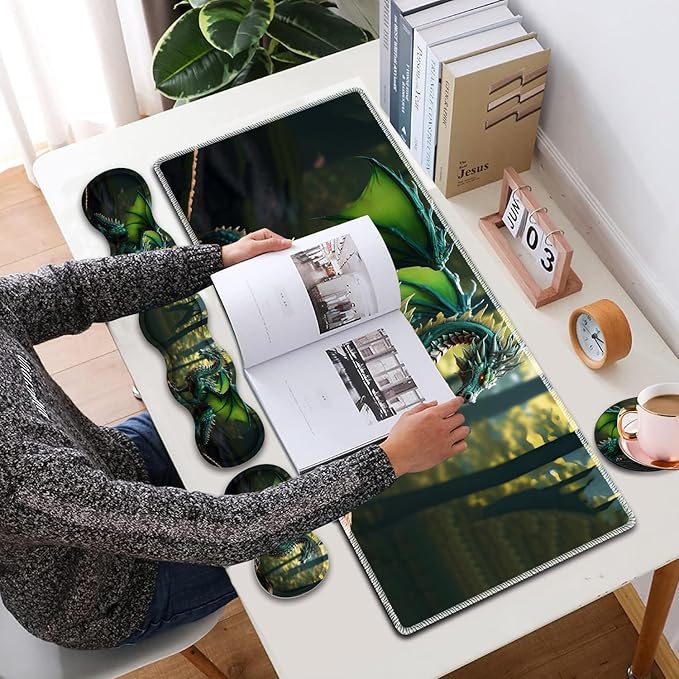 4 in 1 Mouse Pad Combo Large Gaming Mouse Pad + Keyboard Wrist Support + Mouse Wrist Rest + Coaster Table Pad 31.5 x 11.8 with Memory Foam Ergonomic Wrist Pad Set Forest Green Dragon