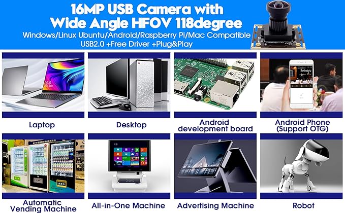 ELP 16MP Wide Angle USB Camera Module for Raspberry Pi and Computer 4K Mini UVC USB2.0 Video Webcam Board with 118degree No Distortion Lens IMX298 Industrial PC Lightburn Camera for LaptopJetson Nano
