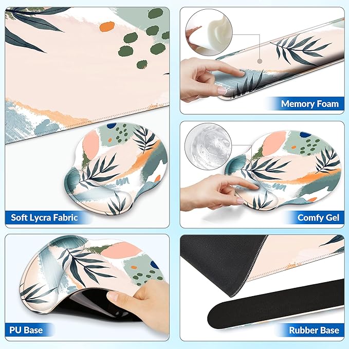 Desk Mat Set + Keyboard and Mouse Pad with Wrist Rest Support4-in-1 Large Mousepad Computer Mats for Desktop Home &amp Office-Leaves 2