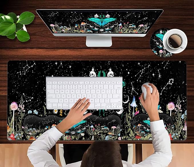 Large Mouse Pad Ergonomic Mouse Wrist Support + Keyboard Wrist Rest Set+ Extended Gaming Mouse Pad Moth Moon Phase Witchy Office Desk Mat Black Writing Mat Laptop Protector Accessories Desk Pad