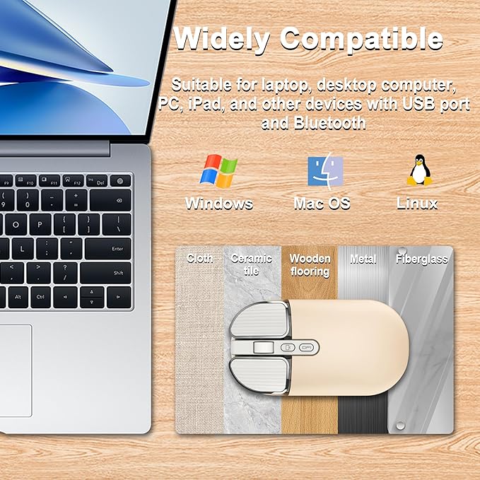Wireless Mouse Bluetooth Cute Ultra Slim Silent Computer Mice with USB Receiver Dual-Mode 2.4G &amp Bluetooth Rechargeable Portable USB Cordless Mouse for Laptop PC Tablet Kids Adults Gift Milk Tea