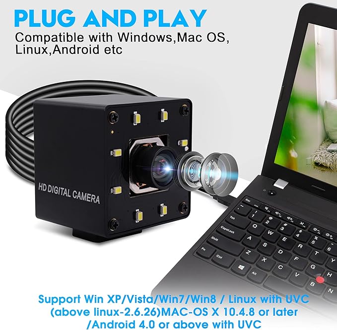 USB Camera 4K Autofocus Webcam High Resolution UHD 2160P Camera with 8pcs White LEDs100°No Distortion Lens Webcamera with IMX415 Sensor30fps Plug and Play Web Cam for Video Conference