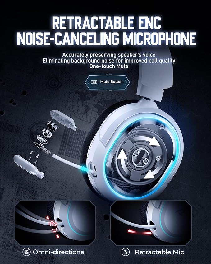 Wireless Gaming Headset 7.1 Surround Sound 2.4GHz USB Gaming Headphones with Bluetooth 5.4 100H Battery ENC Noise Canceling Mic RGB Light Wireless Headset for PC PS5 PS4 Mac Switch (Black-White)