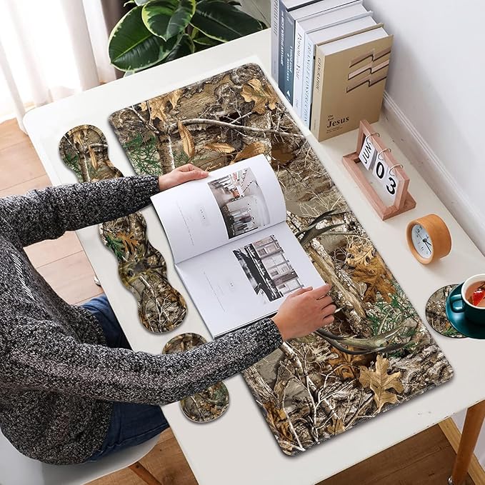 Large XXL Gaming Desk Mat 31.5x 11.8 Ergonomic Keyboard Wrist Rest &amp Mouse Pad Wrist Rest + Coaster Set Non-Slip Base Memory Foam Office and Home Camouflage Giraffe