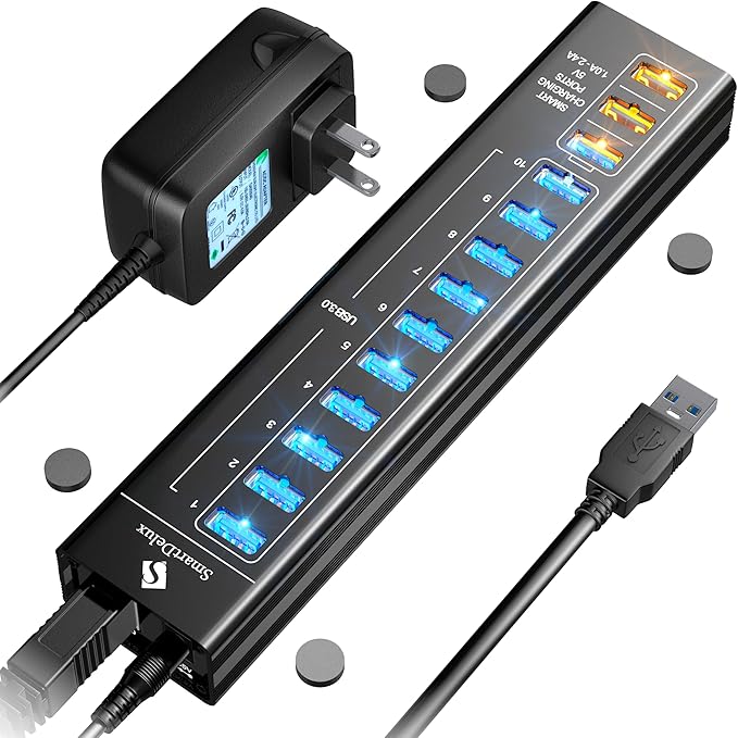 SmartDelux Powered USB Hub - 13-Port USB 3.0 Hub with 10 USB 3.0 Ports 3 Smart Charging Ports Power Adapter Long Cord LEDs - Black Aluminum
