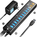 SmartDelux Powered USB Hub - 13-Port USB 3.0 Hub with 10 USB 3.0 Ports 3 Smart Charging Ports Power Adapter Long Cord LEDs - Black Aluminum
