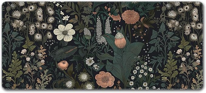 Dark Cottagecore Computer Mat Floral Desk Mat Botanical MousePads Vintage Wildflower Nature Desk Decor Garden Desk Pad Keyboard Laptop Mat Desktop Mat Gift for Plants Lover 35.4”x15.7”x0.12