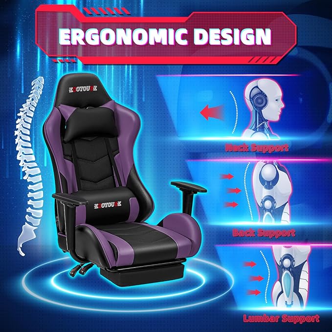 Massage Gaming Chair w/Footrest Video Racing Chair PC High Back Desk Computer Chair PU Leather Recliner w/Headrest and Lumbar Pillow Purple