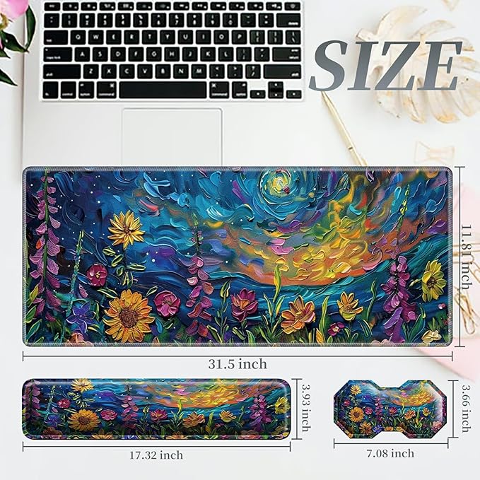 3Pcs Mouse Pad Set Watercolor Flowers Large Gaming Mouse Pad with Stitched Edge Ergonomic Memory Foam Keyboard Wrist Support and Mouse Wrist Rest Cushion Pain Relief Non-Slip Desk Pad Combo