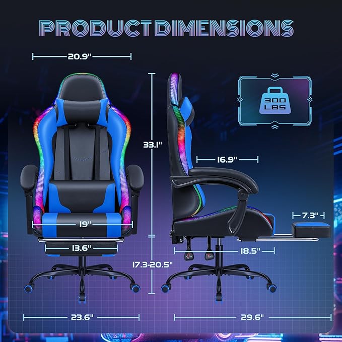 Furmax Gaming Chair with RGB LED Lights Video Game Chair with Footrest and Massage Lumbar Support High Back Reclining Computer Chair with Headrest Swivel Seat Gamer Chair (LED Blue)