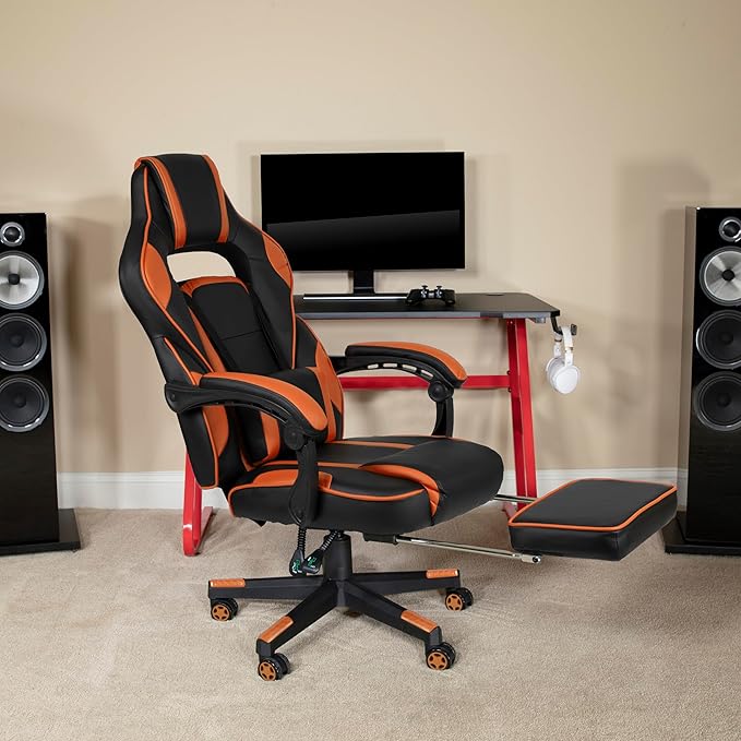 EMMA + OLIVER Black/Orange Ergonomic Gaming Chair -Recline Back/Arms Footrest Massaging Lumbar
