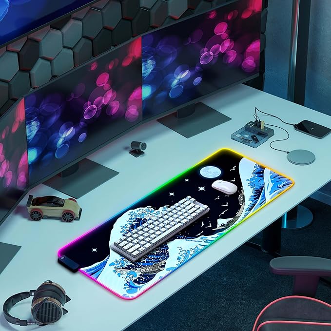Gerlos RGB Large Gaming Mouse Pad Extended Soft LED Mouse Pad Non-Slip Rubber Base Water Resist Keyboard Pad Computer Mousepad 31.5×11.8 inches