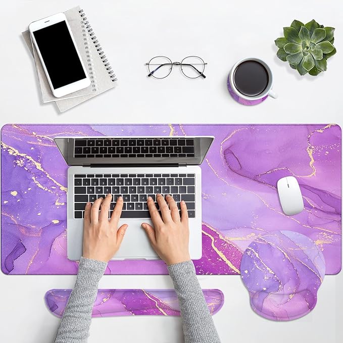 Desk Mat Painting Golden Purple Marble Mouse Pad Set 4-in-1 Large Mousepad+Keyboard Wrist Rest+Mouse Wrist Rest+Coaster with Ergonomic Design Non-Slip Mat