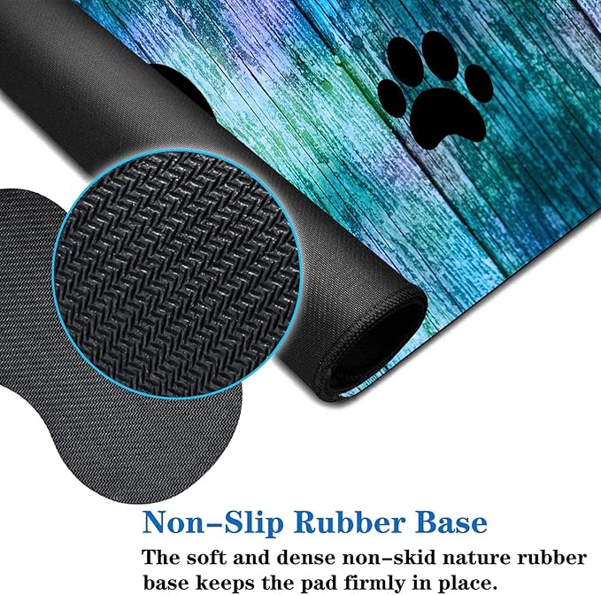 3 Piece Mouse Pad Set with Stitched Edge Large Anti-Slip Mouse Pad Desk Pad Keyboard Pad + Wrist Rest Pad + Coaster Memory Foam Wrist Rest for Office/Home -Antique Blue Wood Grain Dog Paw
