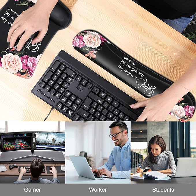 Keyboard Wrist Rest Pad and Ergonomic Mouse Pad Wrist Support Set Psalm 46:5 God is Within Her She Will Not Fall Peony Flower for Gaming  Office Comfortable and Pain Relief with Coaster Set