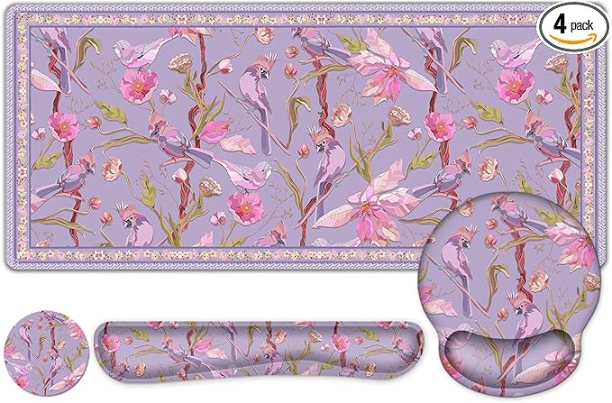 Flower Desk Mat 4in1 Large Mouse Pad with Wrist Rest Cute Desk Matt for Desktop Desk Pad Mat Anti-Slip XXL Computer Ergonomic Mousepad with Wrist Support for Keyboard and Mouse I Purple Bird