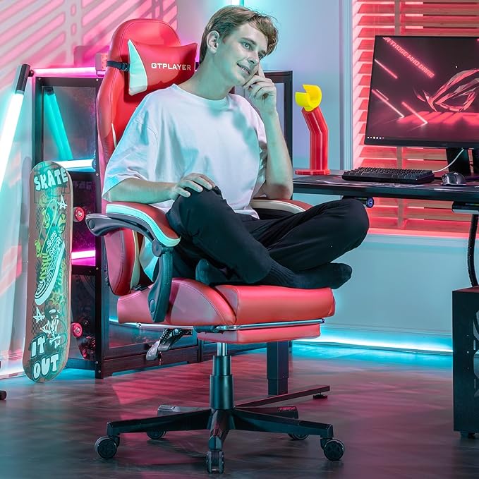 GTPLAYER Gaming Chair Computer Office Chair Lumbar Support Linkage Armrests and Footrest Ergonomic Game Chair for Adults with Extended Backrest Faux Leather Red