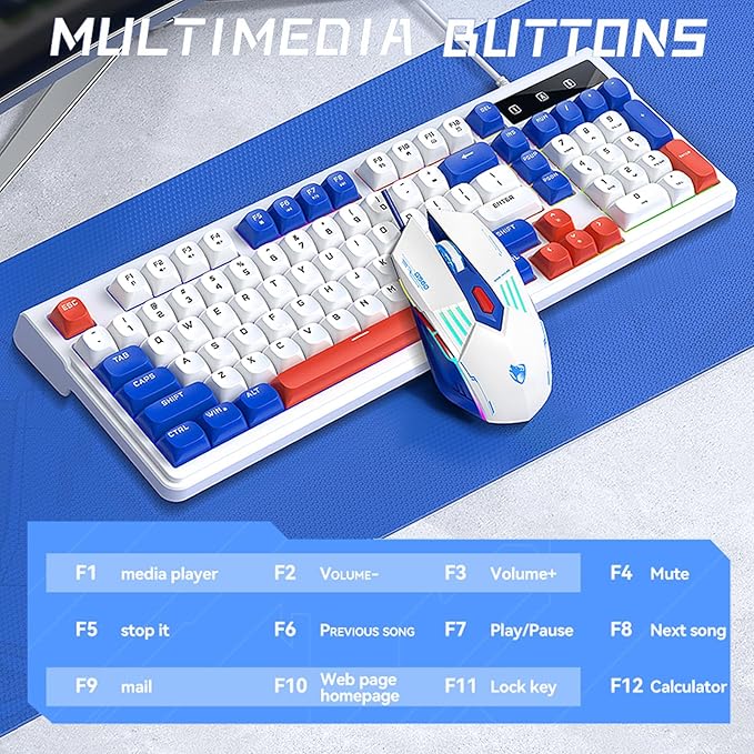 Wired Gaming Keyboard and MouseRainbow LED Mechanical Feeling Gaming Keyboard and 3600DPI Mouse Combo with 19-Keys Anti-Ghosting98keys Compact StylePlug &amp Play to PC LaptopWindows-White and B