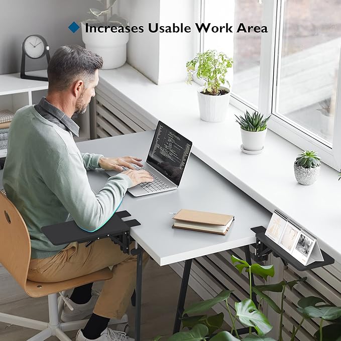 BONTEC Desk Extender Tray 11.8x5.9 Table Mount Arm Wrist Rest Shelf 90°Foldable Elbow Support Clamp on Computer Arm Rest for Desk Office &amp Home Use Durable &amp Easy to Install