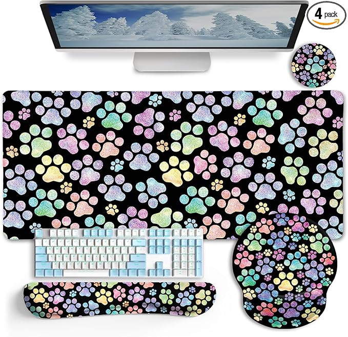 Dog Paw Mouse Pad Set XXL Large Desk Mat Pad Cute Ergonomic Mouse Pad with Wrist Support Wrist Rest for Computer Keyboard Cup Coaster Cute Cat Paw Office Supplies Desk Decor Accessories