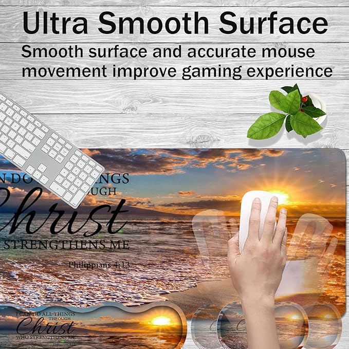 Gaming Mouse Pad Set Large Gaming Mouse Pad+Keyboard Wrist Rest+Mouse Wrist Rest+Coaster Easy Typing Pain Relief 31.5 × 11.8 inch Desk Mat for Home Office Beach Quoting Philippians 4-13