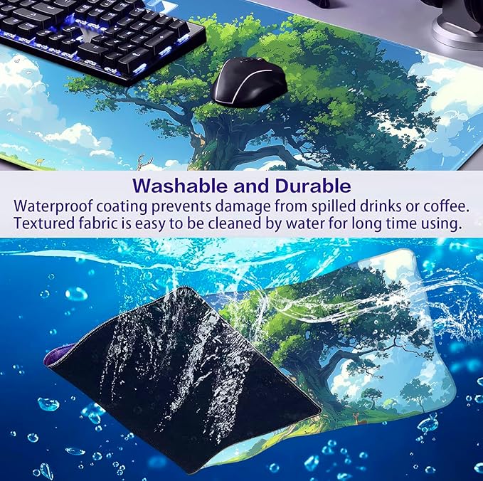 Simple and Cute Anime Landscape Computer Mouse Pad Large Green Plant Outdoor Landscape Office Desk Pad 35.4 x 15.7 x 0.12 Inch Sewn Edge Non Slip Rubber Base Mouse Pad