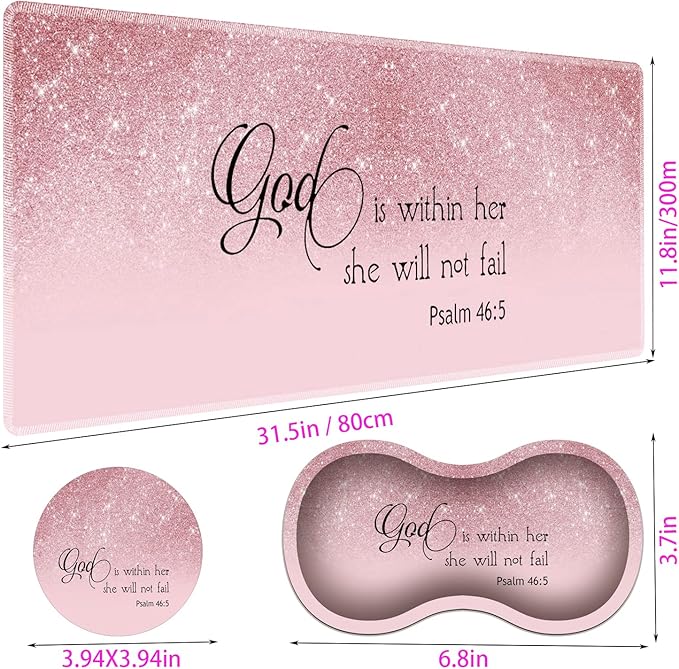 Large Gaming Mouse Pad + Mouse Wrist Rest Pad + Coaster Combination 31.5 x 11.8 Durable Non-Slip Extension Table Mat Suitable for Office and Home Bible Psalm 46-5