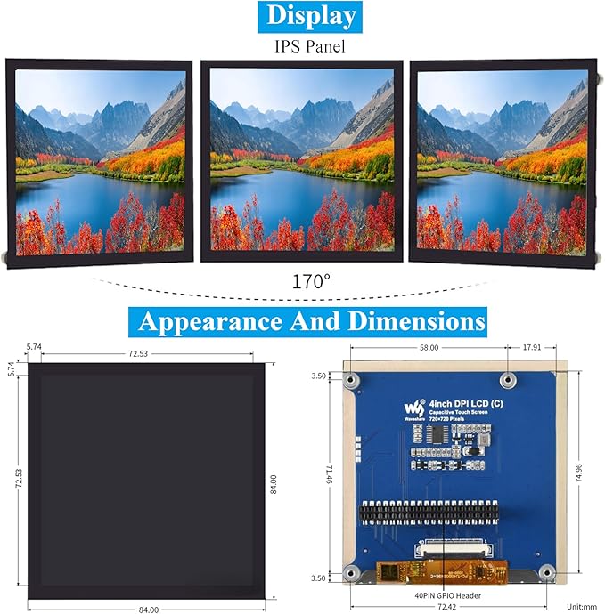 4inch DPI LCD Square Capacitive Touch Screen Compatible with Raspberry Pi 5/4B/3B+/3B/2B/Zero/Zero W/WH/Zero 2W 720x720 Resolution IPS Display Toughened Glass Cover Low Power Solution