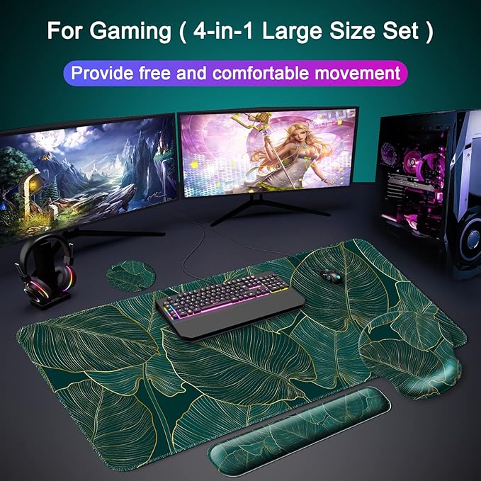 Mouse Pad + Desk Mat + Keyboard Wrist Rest + Coaster 4 in 1 Set Cute Ergonomic Large Gaming Mousepad with Wrist Rest Support Desk Pad for Computer Laptop Office Home Decor-Leaves 2