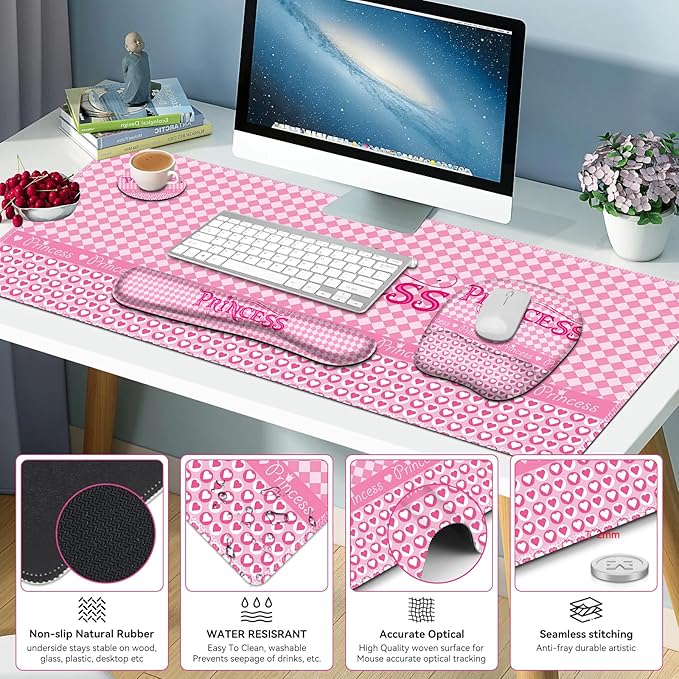 Mouse Pad with Wrist Support 4 in1 Set XXL Big Game Mousepad + Keyboard Wrist Rest + Mouse Wrist Rest Pad +Coaster Gaming Mat for Home Office Work Computer Laptop I Pink Checkered Princess Girl