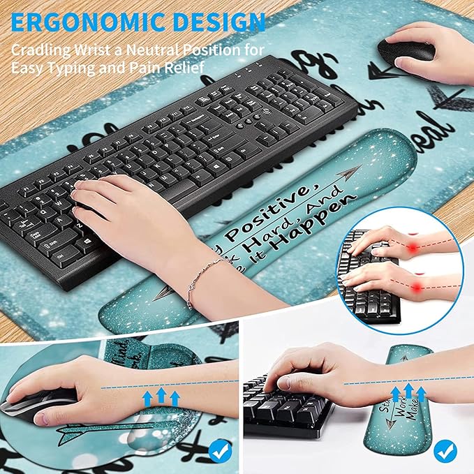 AQQA Desk Mat Desk Pad5in1 XXL Mousepad + Keyboard Wrist Rest+Mouse Wrist Rest+Coaster Set with Ergonomic Desk Pad for Home Office Desk Accessories Decor SuppliesStay Positive