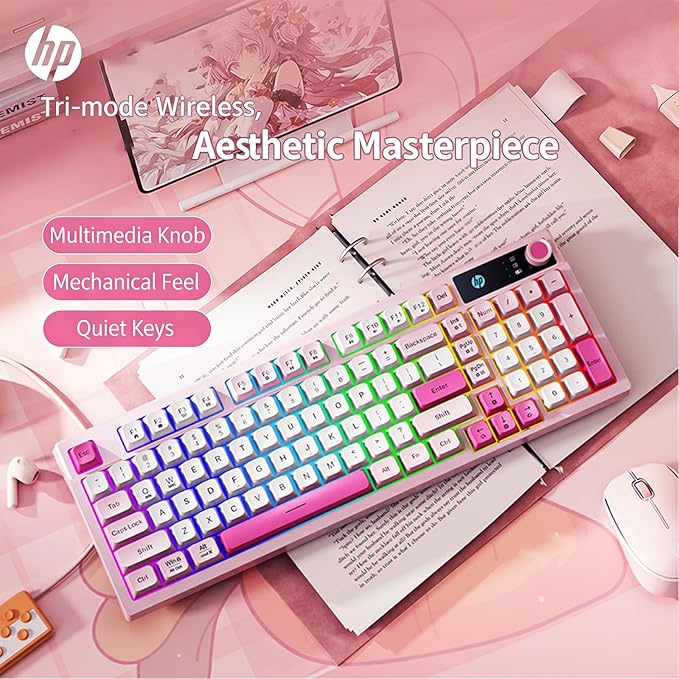 HP K500F Wireless Gaming Keyboard - 98 Keys RGB Backlit Volume Knob Tri-Mode Bluetooth 5.0/2.4GHz/USB-C Wired 3000mAh Rechargeable Membrane Keyboard for Desktop and Laptop (Gradient Pink)