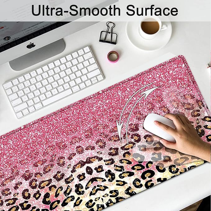 Large Mouse Pad Extended Gaming Mouse Pad 31.5x11.8 Ergonomic Memory Foam Keyboard Wrist Rest Support for Home Laptop Big Office Desk Pad with Non-Slip BasePink Faux Glitter Leopard Desk Mat