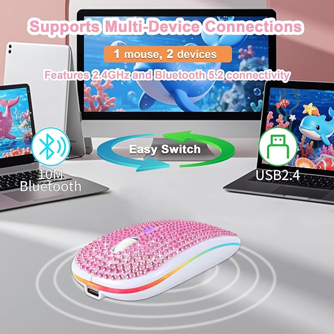 Wireless Mouse Bluetooth Cute Pink Bling Crystal Rhinestone Computer Mice with LED Light 2.4GHz &amp Bluetooth Dual Mode Rechargeable Silent USB Cordless Mouse for Laptop PC Tablet Phone Kids Adults