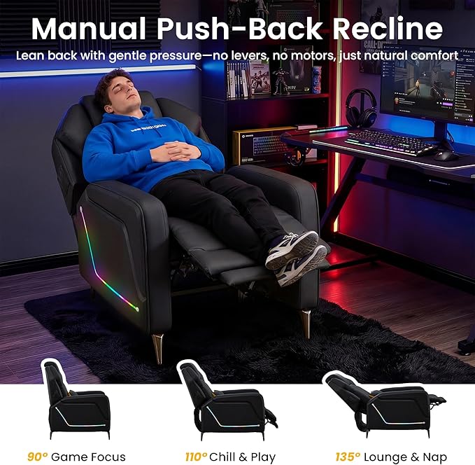 SAMERY Gaming Recliner Chair Push-Back Reclining Gaming Chair with Extended Footrest LED Light Pockets Lumbar Pillow Modern Ergonomic Recliner Sofa for Game Room Living Room (Black Recliner)