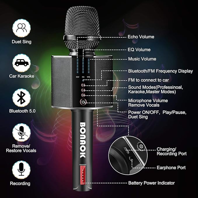 BONAOK Karaoke Microphone Portable Wireless Bluetooth Karaoke Mic for Adults&ampKids Car Home Outdoor Party Karaoke Machine for PC/All Smartphone G50 Black 2025