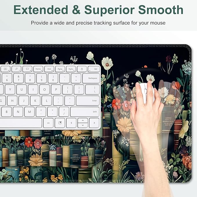 Wildflowers Mouse Pad Large Desk Mat Extended Nature Botanical Aesthetic Deskpad 4 PCS Non-Slip Rubber Base Computer Mouse Pads for Work Game Office Home Decor Gifts I Floral Plants Books