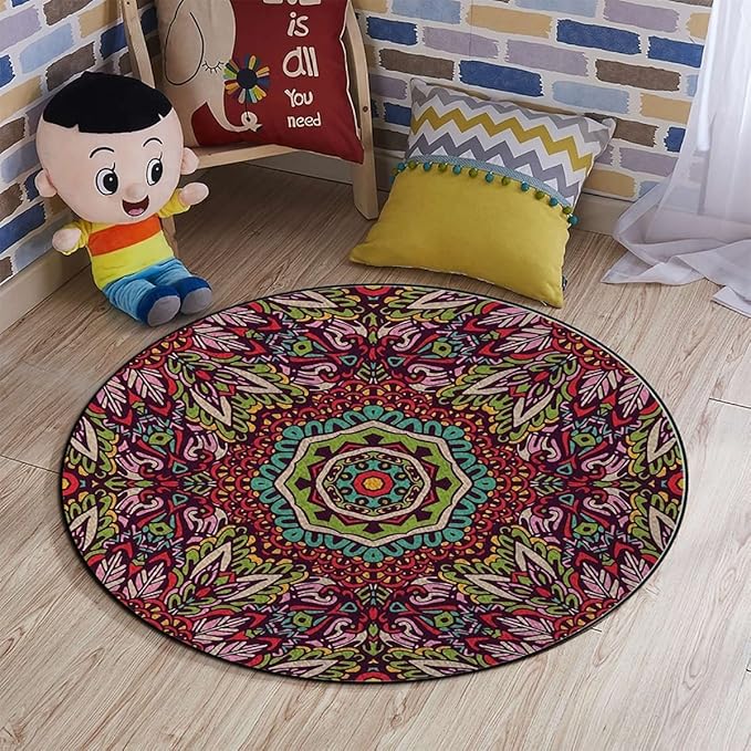 Abstract Round Rug Tile Flooring Colorful Durable Anti-Slip Hand Washable and Protects Floors 70s Party Hippie Vintage MiniMulticolor Diameter 47.2 in