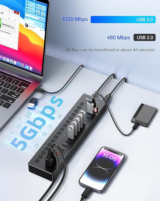 Powered USB 3.0 Hub ACASIS 16 Port USB Hub Powered(Include 2*USB C 3.0+4 Smart Charging Port) with 60W Power Adapter Support Wall Mount USB Hub for PC Laptop Mac Printer Camera