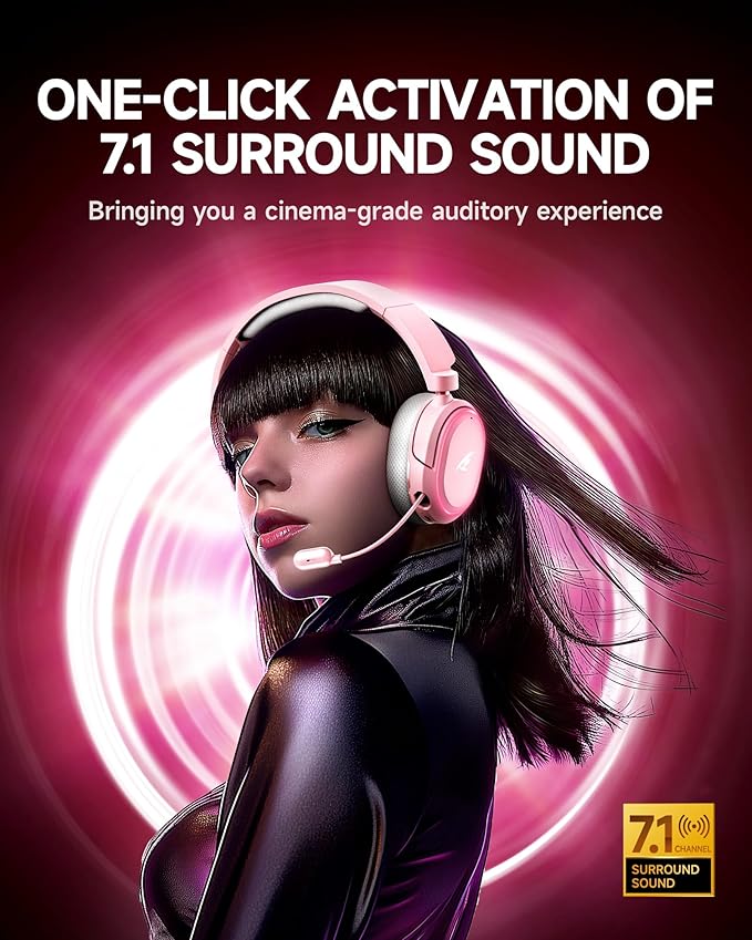Wireless Gaming Headset 7.1 Surround Sound 2.4GHz USB Gaming Headphones with Bluetooth 5.4 100H Battery ENC Noise Canceling Mic RGB Light Wireless Headset for PC PS5 PS4 Mac Switch (Gray-Pink)