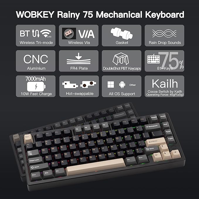 KEEBMONKEY WOBKEY Rainy 75 CNC Aluminum HMX/JWK/Cocoa Switches Triple-Mode Connectivity Mechanical Keyboard with Superior Acoustics RGB/FR4/Silver SUS304/7000mAh/Cocoa Switch (Pro - Black)