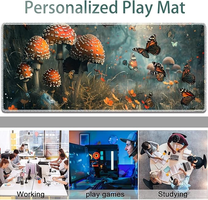 Large Gaming Mouse Pad + Keyboard Wrist Rest + Wrist Support + Coaster Set Memory Foam Ergonomic for Easy Typing XXL Extended Gaming Mouse Pad Table Pad - Mushroom Forest Butterfly