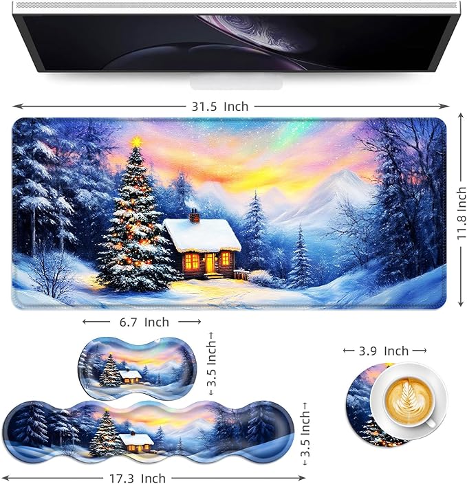 Keyboard Mouse Pad Set Extended Gaming Mouse Pad+Ergonomics Keyboard Wrist Rest Support Memory Foam Easy Typing Pain Relief 4Pcs XL Ultra Thick Desk MatChristmas Snowy Mountain