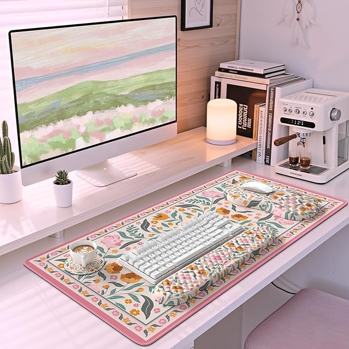 Keyboard Wrist Rest and Table Mat Set Desk Cover matPink Mouse pad with Wrist Rest with Coaster for Office TableNon Slip mat for Girly Office Accessories-Floral